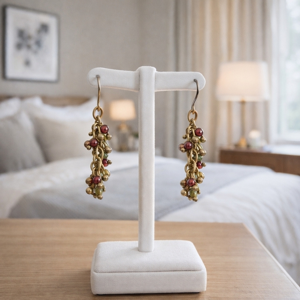 Grapevine Drop Cluster Earrings Elegant Gold and Red Dangle Versatile!